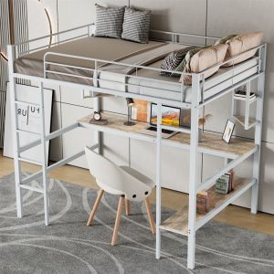 Lit Mezzanine 1 Place avec Bureau et Escalier - Lit pour Adult et Ado - Métal - Plusieurs Étagères de Rangement - Blanc - 90×200 cm