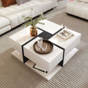 Table basse avec 4 tiroirs Table basse carré Blanc et noir Table basse de salon Etagères de rangement 78x78x36 cm