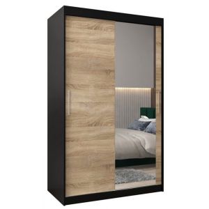 Armoire &agrave; 2 Portes Coulissantes avec Miroir Tringle et &Eacute;tag&egrave;res - ABIKSMEBLE Tokyo 2 120 - 120x200x62 cm Noir et Sonoma