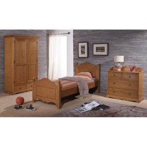 Chambre Enfant Pin Miel Lit 90 + Armoire + Commode - L 99 x l 198 x H 100 cm