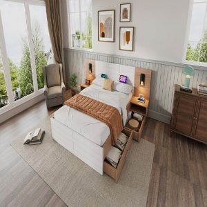 Lit avec rangement 160x200 cm en bois massif et MDF blanc et ch&ecirc;ne clair avec liseuse 360&deg; et prise USB