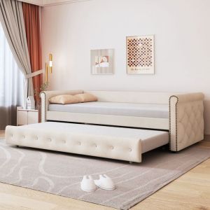 Lit gigogne 90x200 cm avec roulettesCanapé-Lit extensible avec sommier à lattes 2 in 1 Lit Simple Lit Banquette2 placeLin