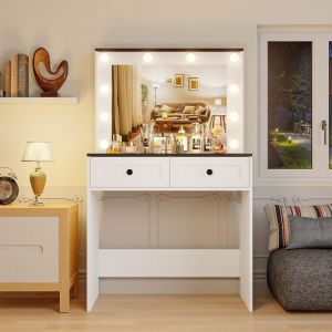 Coiffeuse Miroir et LED - HOMDOX - Coiffeuse Blanche Meuble 2 tiroirs Prise de Courant - Table de Maquillage Luminosit&eacute; R&eacute;glable