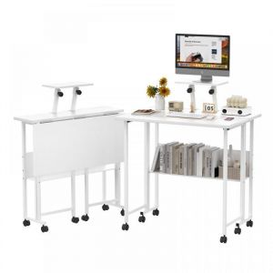 SUPFINE Table dappoint &agrave; Roulettes 71&times;58&times;75cm Bureau Pliant avec Rangement Bureaux d&rsquo; Ordinateur pour Petit Espace Blanc