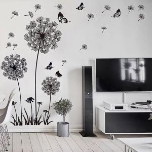 Sticker Mural Fleur de Pissenlit Noir (165x130cm) I Papillon Plante Branche Arbre I Sticker Mural Autocollant Salon Chambre Cuis