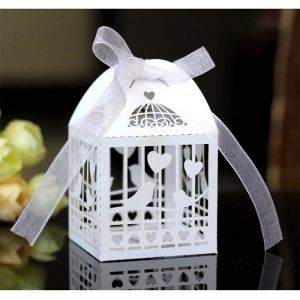 Lot de 50 bo&icirc;tes &agrave; drag&eacute;es creuses en forme de cage &agrave; oiseaux avec ruban pour d&eacute;coration de f&ecirc;te Blanc Label