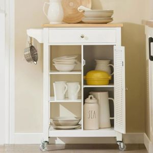 Desserte de cuisine Desserte Cuisine Roulante SoBuy – 2 Niveaux 1 Tiroir 1 Armoire 3 Étagères Roulettes 675x40x87 cm Blanc