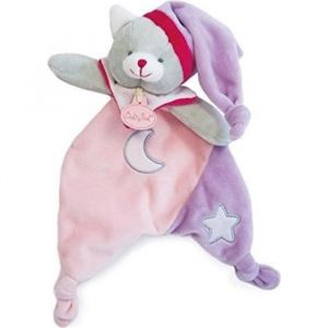 Babynat Doudou Chat semi plat luminescent rose violet rouge bonnet lune étoile nœuds 25 cm bébé fille