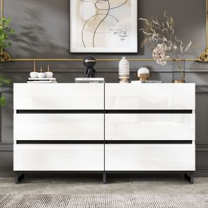 Buffet de salon 140x39.5x78.5 cm Buffet bas avec 6 tiroirs Vanit&eacute; haute brillance Pieds en m&eacute;tal Commode moderne Blanc+Noir
