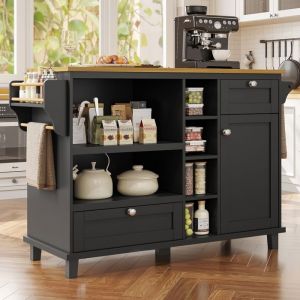 Desserte de cuisine à roulettes 129×46×92cm Chariot Îlot de cuisine  avec plan de travail 2 tiroirs 1 porte 6 compartiments - noir