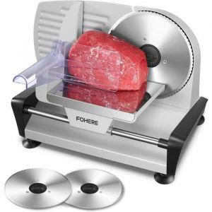 FOHERE Trancheuse Electrique - 200W - 2 x 19CM Lames dentelée et Lisse - Pour viandes Jambon et Saucisson - Argent