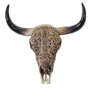 Tête de taureau decoration murale 31 cm trophee longhorn avec tribal en polyresine interieur/exterieur naturel 04_0002847