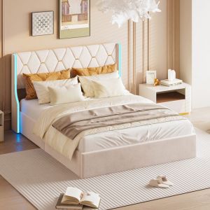 Lit double 140x190 cm en velours beigeCoffre de rangementLit coffreLit adulteSommier à lattesTête de lit avec LED2 personnes