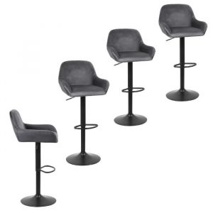 Tabouret de bar scandinave - BUL - Lot de 4 - Tissu - Gris Fonc&eacute; - R&eacute;glable en hauteur - Avec accoudoirs