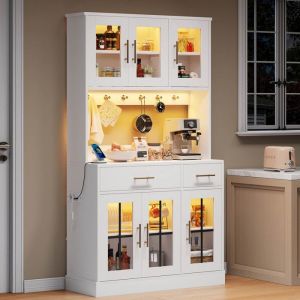 Meuble Buffet haut de cuisine avec &eacute;clairage LED et prise salle a manger en bois-Style Contemporain-L 100 x P 40 x H 180 cm -blanc
