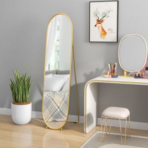 Grand miroir sur pied miroir ovale cadre en m&eacute;tal dor&eacute; avec support pour entr&eacute;e chambre dressing 40 x 160 cm