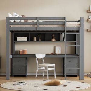 Lit mezzanine 90*200cm avec bureau Lit enfant surélevé avec 4 tiroirs avec compartiment de rangement et escalier pin + MDF gris