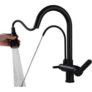 Robinet Cuisine 3 voies noir douchette Mitigeur Evier Rotatif &agrave; 360&deg; Mitigeur Cuisine 2 Poign&eacute;es &agrave; Eau Potable Eau Chaude et Froide