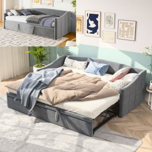 Canapé lit gigogne 2 places avec sommier à lattes Canapé lit extensible 2x90x200 cm Lit Convertible tissu en velours gris