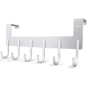 Pat&egrave;re de porte-Manteau murale Meuble d&rsquo;entr&eacute;e 6 crochets de Porte Cintre Rangment Suspendu Chapeau Serviette V&ecirc;tements Sac Argent