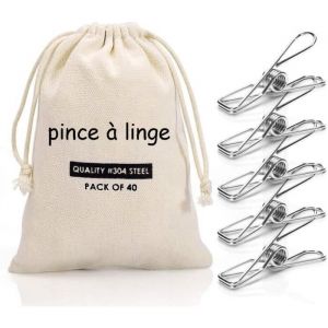 40 Lot de Pince a Linge inox - 62mm Epingle a Linge - Coupe-vent et Antidérapantes - Pinces à Linge Métal avec Sac de Rangement