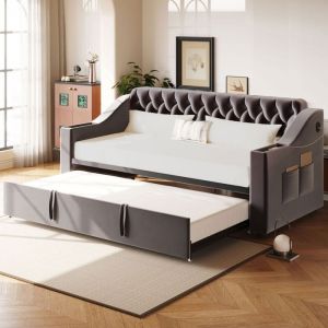 Lit de jour Lit plat Lit Banquette 90/180x190cm accoudoirs larges avec USB rangement intégré velours Gris foncé