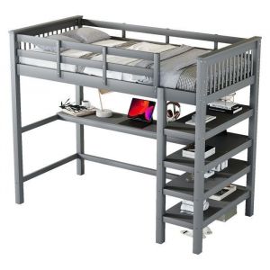 Feuille &eacute;paissie Lit sur&eacute;lev&eacute; 90 x 200 Lit sur&eacute;lev&eacute; pour enfants avec compartiments de rangement et bureau sous le litSans mate