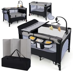 Lit Parapluie Bébé Evolutif Matelas 6 en 1 COSTWAY Table à Langer5 Hauteurs RéglablesBoîte à Musique et Jouets Suspendus Noir
