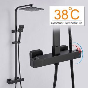 Colonne de Douche Noir avec Mitigeur Thermostat Ensemble de Douche avec Pommeau Hauteur R&eacute;glable - Homelody