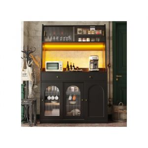 Buffet haut salle a manger -Meuble vaisselier cuisine avec éclairage LED -Armoire vitrine noir avec 2 tiroirs -120x40x190 cm