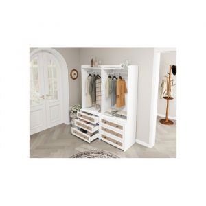 Armoire blanche avec 3 tiroirs penderie et &eacute;tag&egrave;res style boh&egrave;me hauteur 180 cm id&eacute;ale pour entr&eacute;e ou salon