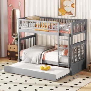 Lit Superposé Enfant 3 Places - 2 Lits fixes 90x200 + 1 Lit gigogne 90x190 Garde-Corps 35cm & Sécurité EN747 Gris Moderne