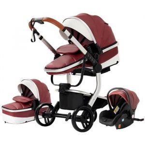 Poussette 3 en 1 Bébé Combinée Siège-Auto Nacelle Trio Réversible cuir pu Roues increvables Canne rouge bazarland30