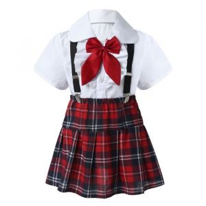 Ensemble Uniforme Scolaire Fille - iixpin - Chemise et Jupe Bretelle Ecossaise - Blanc