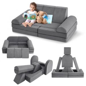 Canapé Enfant Convertible 10 PCS en Mousse-Housses Amovibles et Lavables-Chauffeuse Enfant 2 Places Transformable Gris