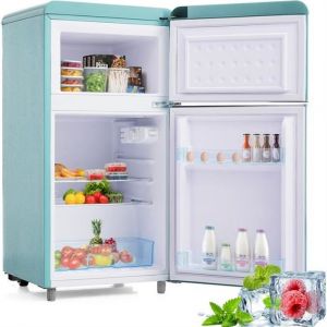 R&eacute;frig&eacute;rateur r&eacute;tro 2 portes 72L total 21 L cong&eacute;lation 120 kWh/an lumi&egrave;re LED Classe &eacute;nerg&eacute;tique E bleu