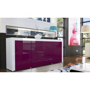 Buffet design laqué blanc / violet - Contemporain - Meuble de séjour - 2 portes - 4 tiroirs