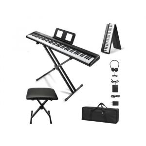 ENSEMBLE DE PIANO - LALAHO - 88 touches de piano numérique pliable avec support banc casque Sac 420D blanc + noir