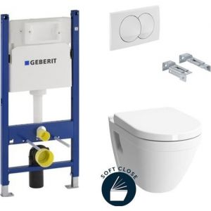 Geberit - Pack WC Bâti Duofix + Cuvette suspendue Vitra S50 avec bride + Abattant soft close + Plaque blanche (S50Geb3)