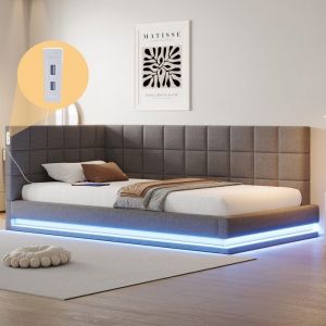 KoDise Lit adulte 90x200 cm Canap&eacute;-lit capitonn&eacute; avec LED et prises USB - sommier &agrave; lattes en bois - lin gris