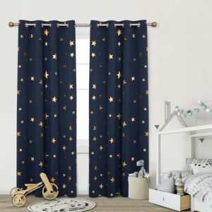 Deconovo Lot de 2 Rideau Occultants à Oeillets Rideaux Etoiles Dorés pour Salon Enfant 117x 138 cm Bleu Marine