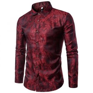 Chemise Homme FUNMOON - Rouge vineux - Coupe Slim - Manches longues - Col chemise