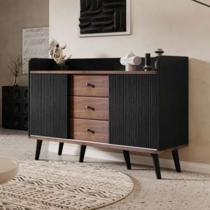 Buffet haut - JAERLIUB - 117.5x80x39.5cm - Noir et bois - 3 tiroirs - 2 portes coulissantes