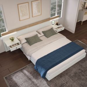 Lit Double En Bois 160 X 200 cm + 2 Tables De Chevet Avec Led Et Usb - 205 X 264 X 905 cm - Chêne/Blanc - Sans Matelas