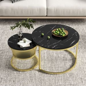 Lot de 2 Tables Basses Gigognes Rondes Style Art d&eacute;co Table &agrave; Th&eacute; Ronde en Marbre Table Basse Double Couche Noir