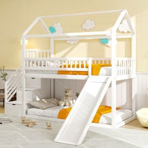 Lit Cabane Mezzanine Enfant 90x200 cm avec Toboggan et Escalier-Rangements – Barrières Hautes Sommier Inclus Blanc