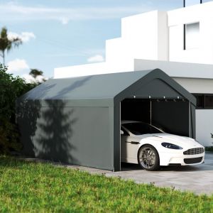 Carport tente de garage 3 x 6 m abri voiture ext&eacute;rieur parois lat&eacute;rales amovibles 2 portes zipp&eacute;es enroulables gris