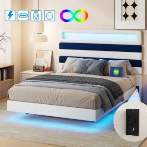 Lit 140x190 avec LED LUMINARIX  lit double avec port USB et Type C Lit suspendu cadre de lit 140x190 cm velours blanc et noir