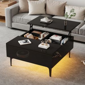 Table Basse Relevable avec Rangement Table Basse de Salon Table Basse Noir Laqué étagère Tiroir et éclairage LED 70x70x35 cm