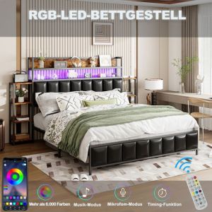 Lit adulte 140 × 200 cm lit avec LED tête de lit avec étagère de rangement cadre de lit en fer revêtement en simili cuir noir
